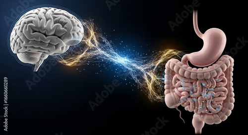 Conceptual illustration of Gut-Brain Axis. 3D Medical Illustration of Brain and Intestine Connection. Microbiome bacteria as tiny, glowing particles within the gut