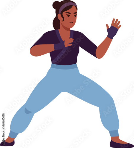 Woman practicing martial arts in blue pants and dark top performing combat stance vector illustration 