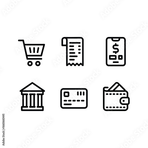 Finance and Payment Line Icons Set  Shopping, Billing, Credit Card, Mobile Payment, Bank, Wallet  Editable Stroke Vector