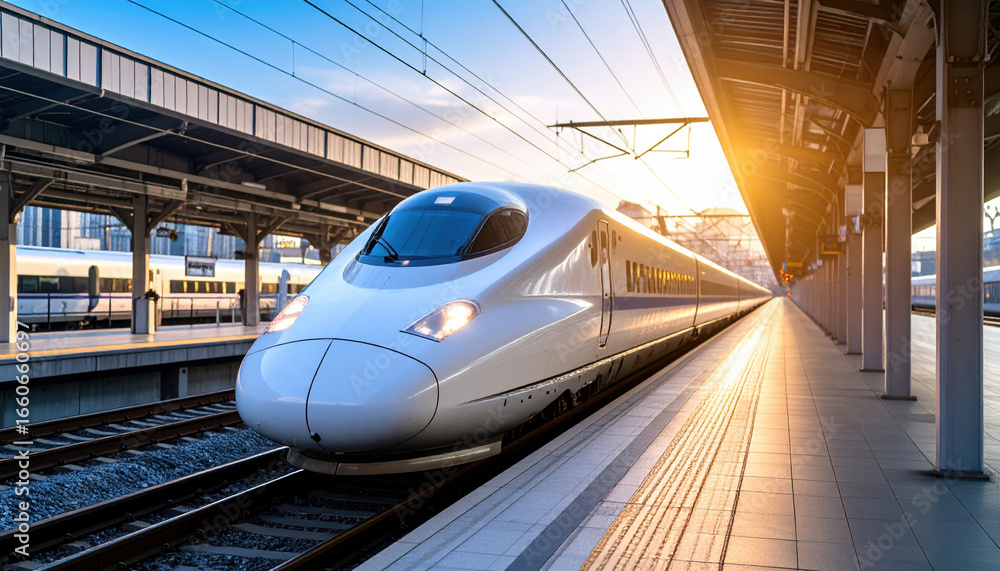 Fototapeta premium Modern high speed train station during sunset, sleek design with streamlined shape, bright sunlight casting long shadows, urban setting with other trains background, clean platform,