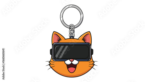 A cheerful cartoon cat face wearing a virtual reality headset, attached to a silver keychain, suggesting a playful blend of technology and pets.