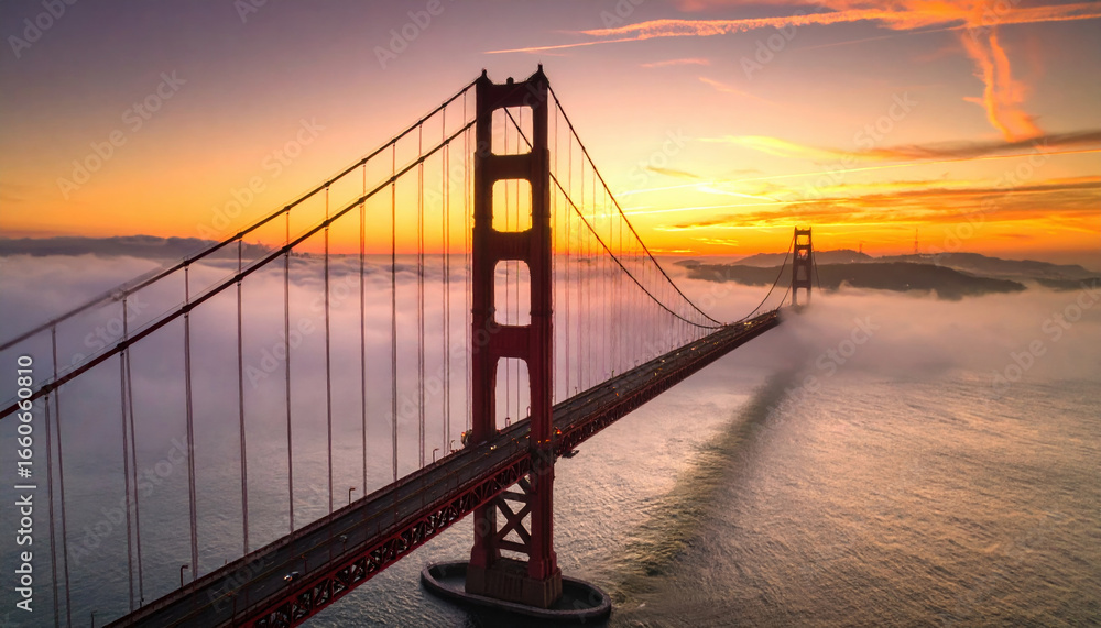 Obraz premium Aerial view of suspension bridge during sunset with fog below and vibrant sky colors, creating dramatic and scenic landscape. bridge extends into distance, blending with horizon and sky