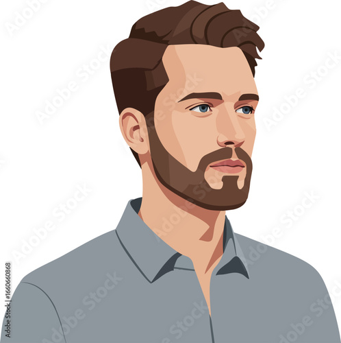 Bearded man with brown hair wearing grey shirt looking sideways portrait vector illustration 