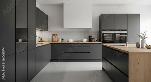 Elegant Contemporary Kitchen Design with Handleless Black Cabinets and Warm Wood Surfaces.