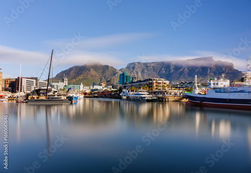 Long exposure of V and A Waterfront, city, and Table Mountain, Cape Town, South Africa
