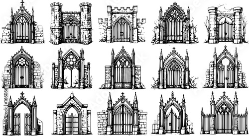 Set of sketched silhouette Roman columns gate vintage illustration. Medieval Gothic isolated on white with Clipping Path