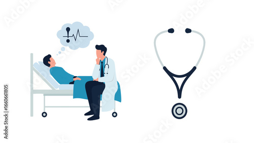 A doctor consults with a patient in a hospital bed who is worried about their flatlining heartbeat.