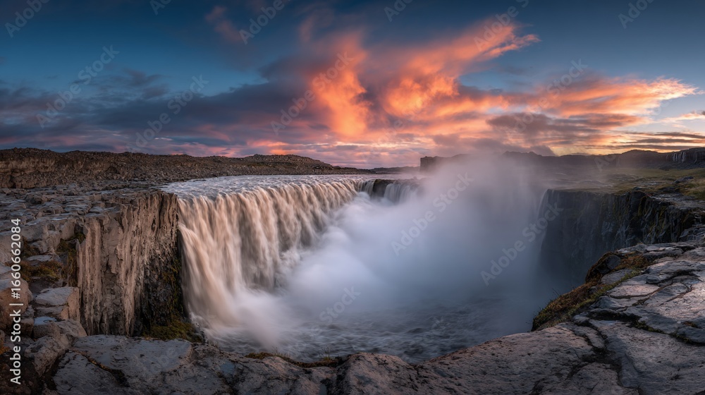 Fototapeta premium Majestic Waterfall During Sunset with Dramatic Clouds and Vibrant Sky