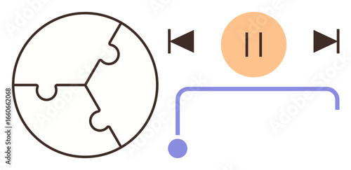 Puzzle globe, media playback controls, and minimalistic line design. Ideal for teamwork, global communication, connectivity, collaboration, media interaction learning and digital solutions. Simple