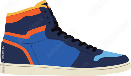 High top sneaker shoe vector illustration with blue orange and black colors for casual sportswear fashion style 