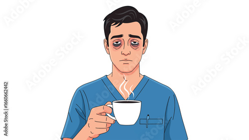 An exhausted male doctor or nurse in blue scrubs with dark circles under his eyes holds a steaming cup of coffee.
