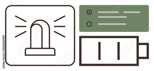 Flashing alert light with warning signs, green interface panel, and battery icon layout. Ideal for safety, communication, energy, technology, emergency response power supply control systems. Simple