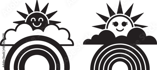Happy sun behind clouds with rainbow icon