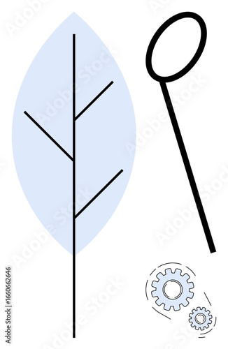 Minimal geometric tree leaf symbolizes nature, accompanied by gears and a loop depicting innovation and circular processes. Ideal for sustainability, technology, ecology, growth, process