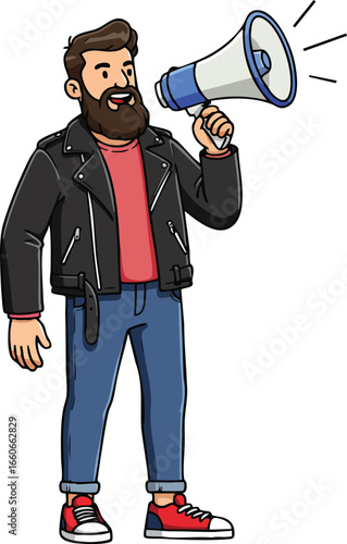 Bearded man wearing leather jacket holding megaphone making announcement vector illustration 