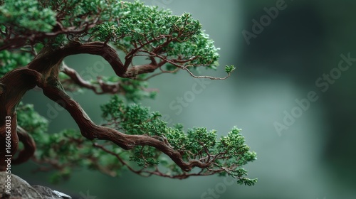 Close up of an intricate bonsai tree with vibrant green leaves and gnarled, dark branches. Delicate plant curves elegantly against a serene, blurred background.