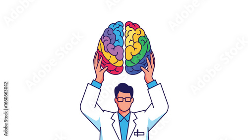 A doctor in a white lab coat holds up a colorful, segmented human brain, symbolizing knowledge and mental health.