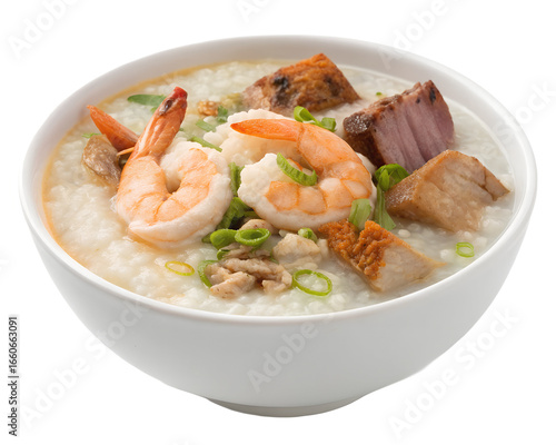 Rice porridge set: shrimp, fish, and pork, transparent background