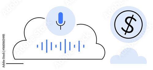 Cloud with microphone, sound wave, and dollar sign elements represent audio streaming, cloud storage, and monetization. Ideal for technology, business, finance, innovation voice AI podcasting