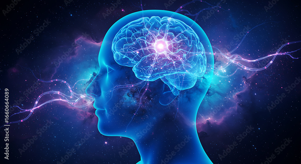 Abstract Human Head Silhouette with Glowing Brain and Neural Connections in Cosmic Space Abstract Human Head Silhouette with Glowing Brain and Neural Connections in Cosmic Space