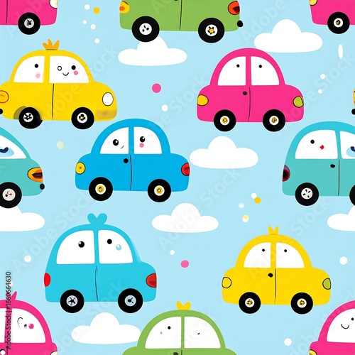 Cute cartoon cars pattern on a light blue background with clouds
