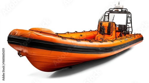High Speed Orange And Black Inflatable Rescue Boat On White Background Detailed Product Photography Of Marine Safety Equipment