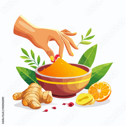 Hand Adding Turmeric Powder to Bowl with Ginger and Orange