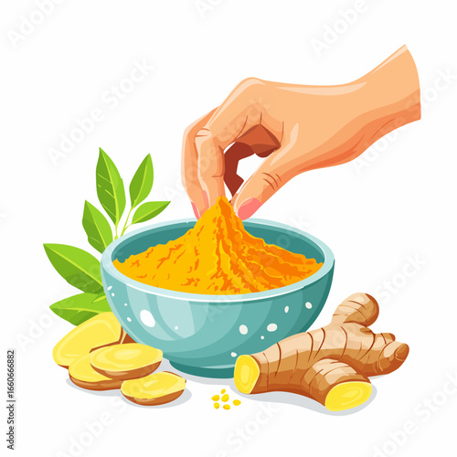 Hand Adding Turmeric Powder to Bowl with Ginger