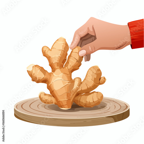 Hand Picking Fresh Ginger Root on Wooden Board
