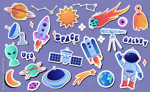 Space doodles stickers set. Colorful badges with comet, sun, rocket, alien, astronaut and planet. Design elements for kids stationery. Cartoon vector illustration collection isolated on background