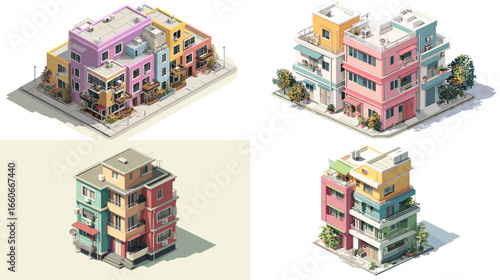 Isometric 3D illustration of colorful apartment buildings and houses with balconies and trees. Perfect for architecture, real estate, city planning, and urban design concepts.