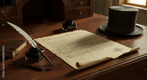 Emancipation Proclamation Document with Vintage Quill Pen and Top Hat on Historical Desk