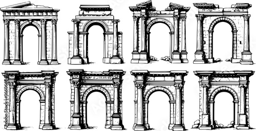 Set of sketched silhouettes of antique arches. Basic elements of Greek architecture.