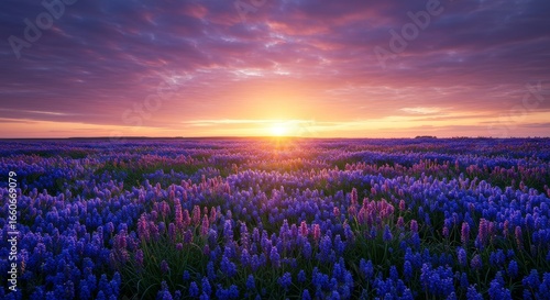 Vibrant lavender field bathing in the soft light of a picturesque sunset