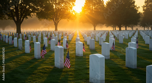 Golden Sunrise over Military Cemetery with American Flags