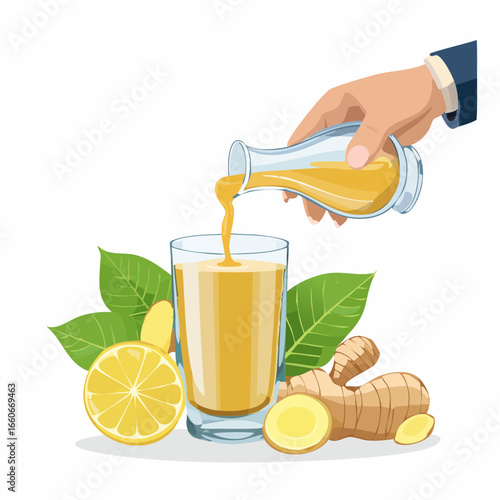 Hand Pouring Yellow Ginger Lemon Juice into Glass