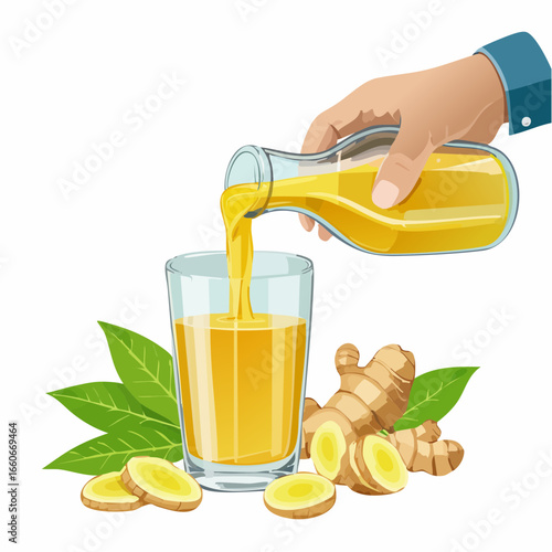Hand Pouring Golden Ginger Juice into Glass with Fresh Ginger Root and Leaves