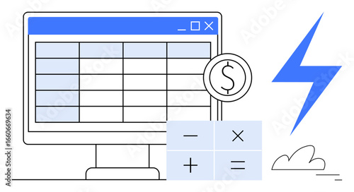 Computer screen displaying a spreadsheet, dollar symbol, calculator, and lightning icon. Ideal for fintech, finance, accounting, efficiency, productivity organization simple landing page