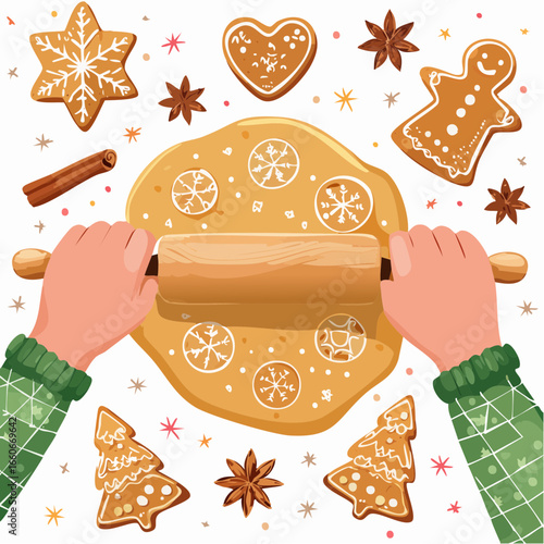 Rolling Pin and Gingerbread Cookie Dough: A Festive Baking Scene
