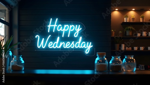 Happy Wednesday neon sign in red, warm, brick interior