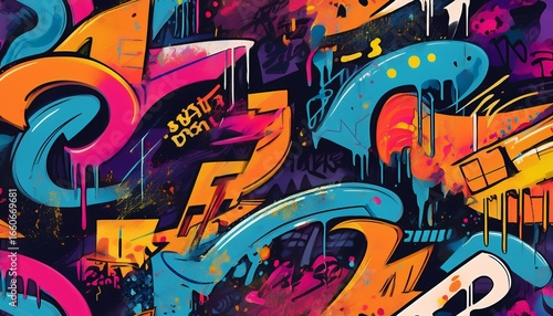 urban street art seamless pattern with graffiti style lettering and bold splashes