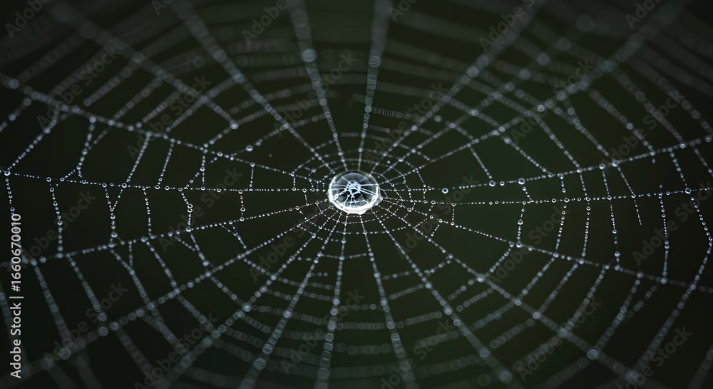 Obraz premium Close-up of a spiderweb with dew drops in the early morning.