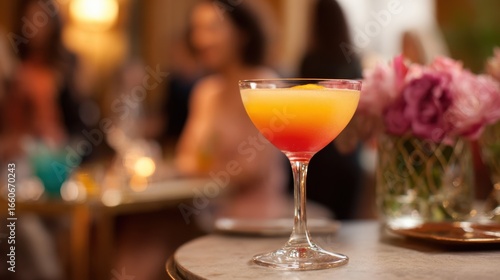 Wallpaper Mural Crisp medium shot on a colorful layered nonalcoholic cocktail with elegant glassware background softly blurred showing laughter at a cozy indoor event. Torontodigital.ca