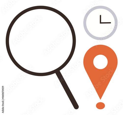 Magnifying glass, clock, and location marker highlight discovery, time management, and navigation. Ideal for analysis, productivity, exploration, efficiency research mapping and timelines in