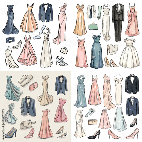 Stylish hand-drawn fashion illustration of elegant dresses, suits, shoes, and handbags in soft colors. Perfect for fashion design, boutique branding, and luxury style projects.