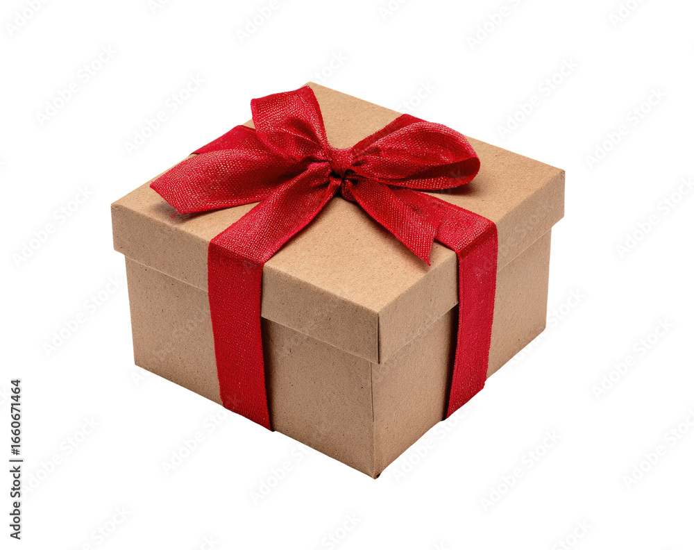 Obraz premium A square, light brown cardboard gift box, adorned with a vibrant red satin ribbon bow