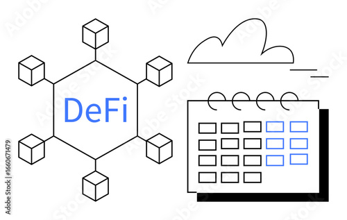 Network nodes linking DeFi, with a calendar and cloud. Ideal for financial technology, blockchain, connectivity, planning, decentralization, innovation progress. Simple flat metaphor