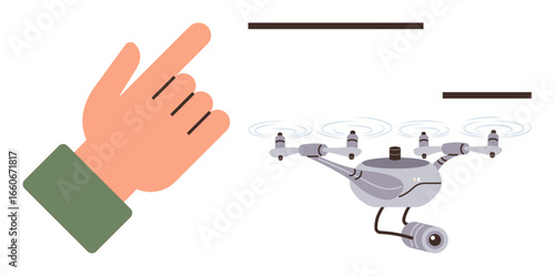 Human hand giving control command to a hovering drone equipped with a mounted camera and rotors. Ideal for tech, innovation, security, automation, robotics, surveillance, futuristic ideas. Simple