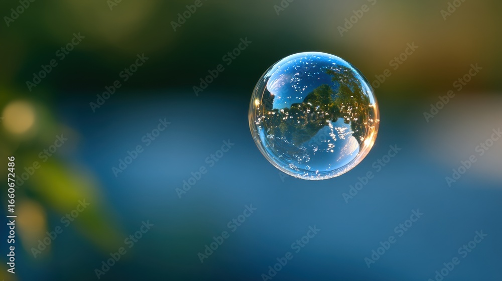A single clear soap bubble floats gracefully in the air. Its translucent surface reflects blurred green trees and blue sky background, sparkling with light. A single clear soap bubble floats gracefully in the air. Its translucent surface reflects blurred green trees and blue sky background, sparkling with light.