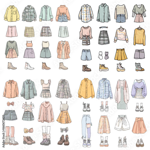 Hand-drawn illustration of stylish casual women’s clothing including skirts, shirts, jackets, and shoes. Perfect for fashion design, apparel branding, and lifestyle editorial projects.